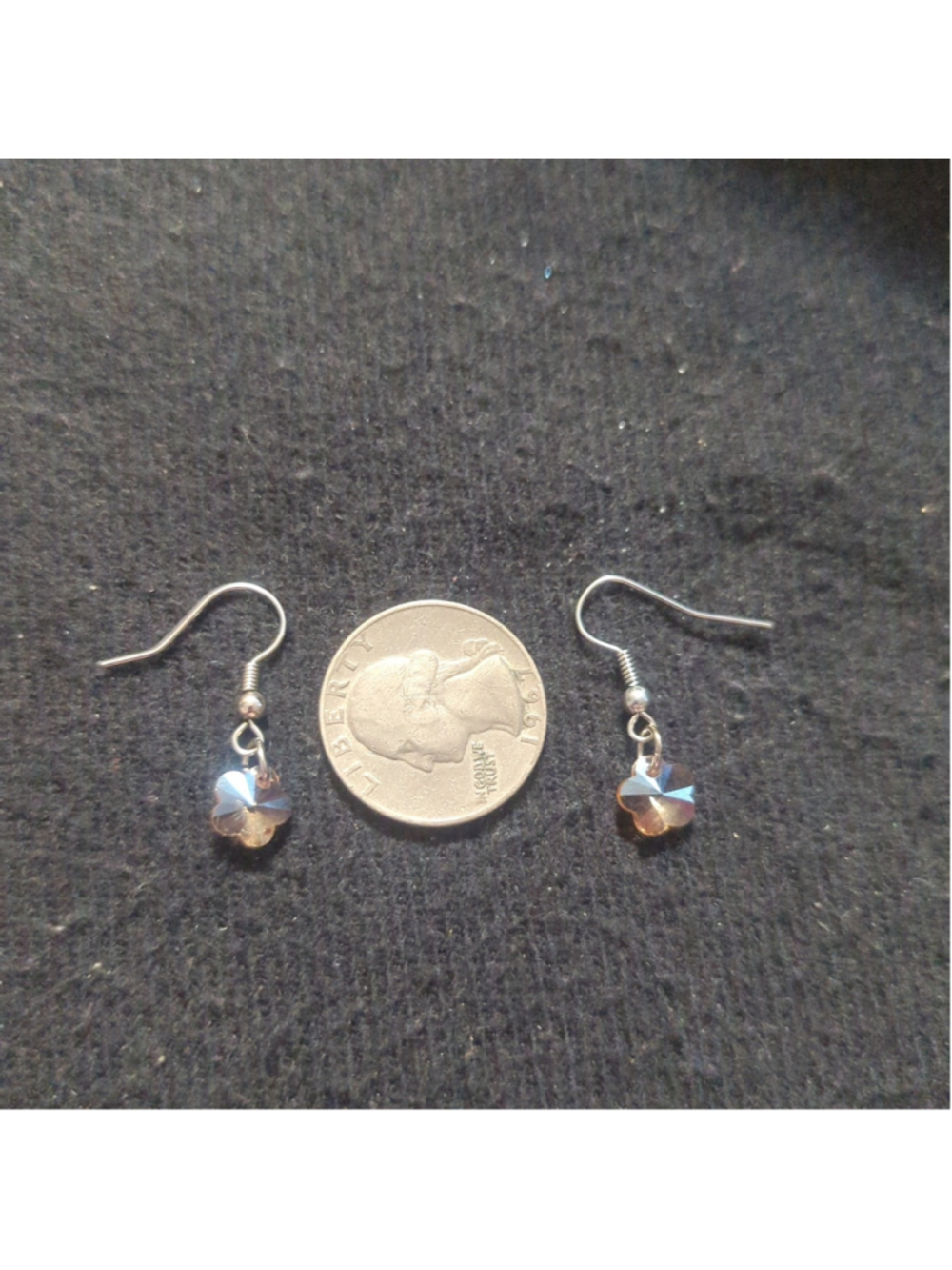 Silver Tone Pastel Peach Swarovski Crystal Flower Dainty Drop Statement Earrings - Picture 2 of 2